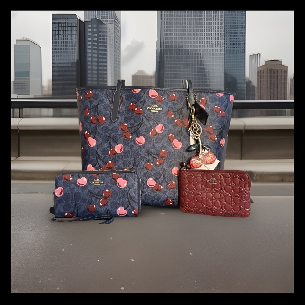 NWT Coach Cherry Print Tote w/Lg Wallet Glitter Wristlet & Bag Charm 4Piece Set - Picture 8 of 9